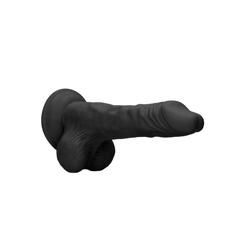 Realcock - 8'' realistic dildo with balls - black, Product side view, focus on balls  | Flirtybay.com.au