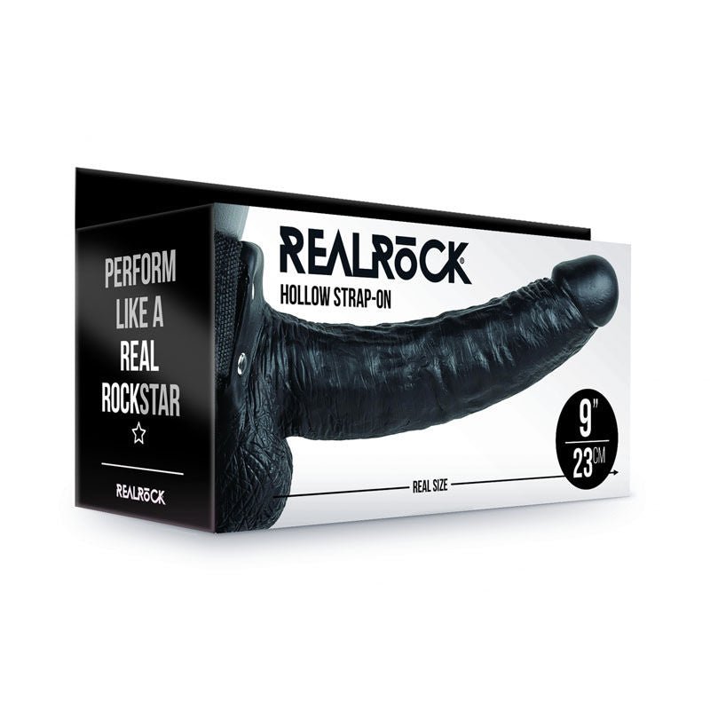 Realcock - 9" hollow strap-on with balls -  box side view | Flirtybay.com.au