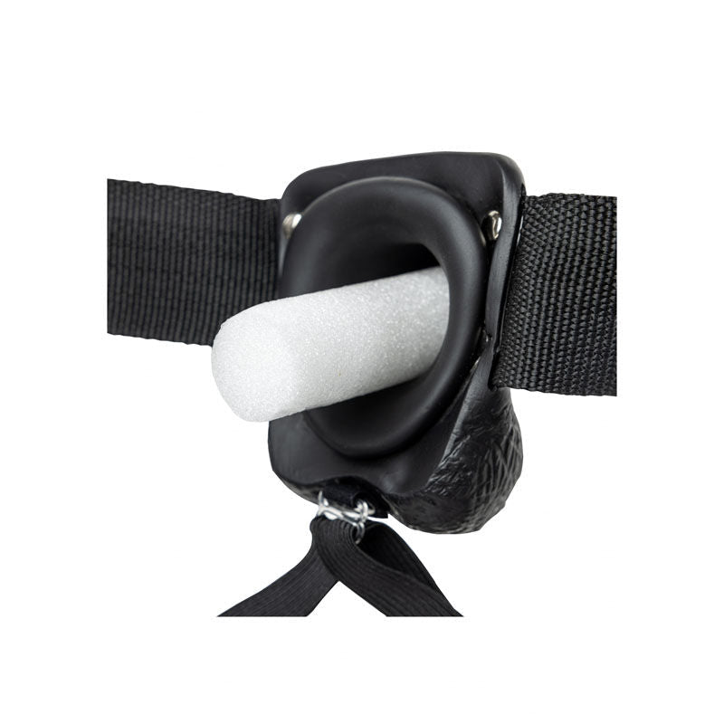 Realcock - 9" hollow strap-on with balls - Product side view, focus on the hole  | Flirtybay.com.au