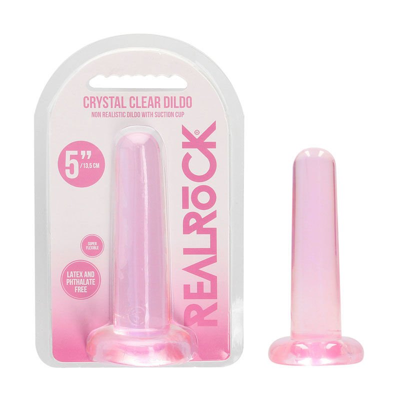 Realcock - non realistic 5" dildo with suction cup - pink, Product front view and box front view | Flirtybay.com.au