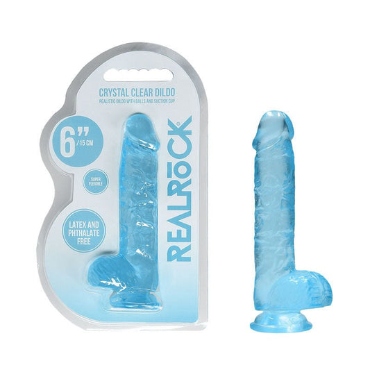 Realrock - 6'' realistic dildo with balls - blue, Product front view and box front view | Flirtybay.com.au