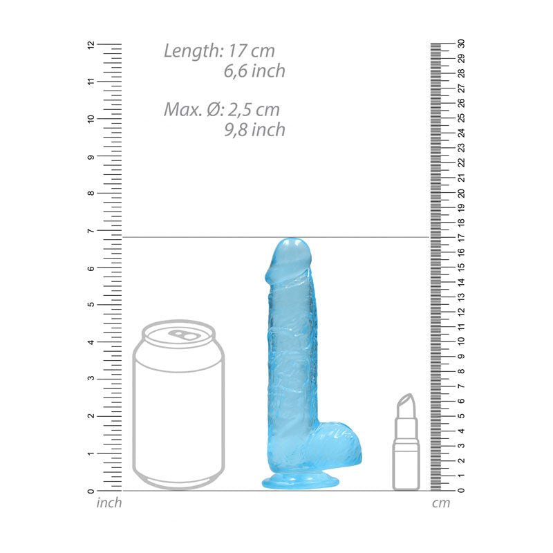 Realrock - 6'' realistic dildo with balls - blue, Product front view , with sizes | Flirtybay.com.au