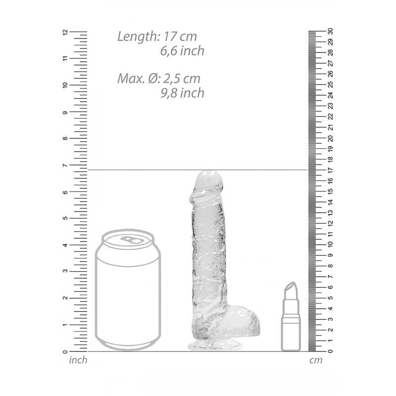 Realrock - 6'' realistic dildo with balls - clear, Product front view, with sizes  | Flirtybay.com.au