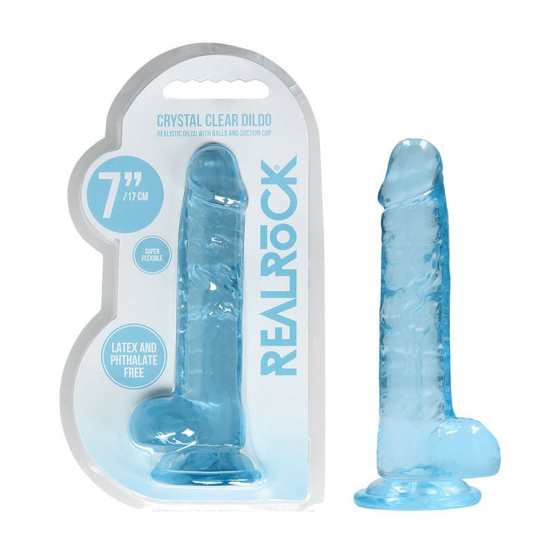 Realrock 7'' realistic dildo with balls - blue, Product front view and box front view | Flirtybay.com.au