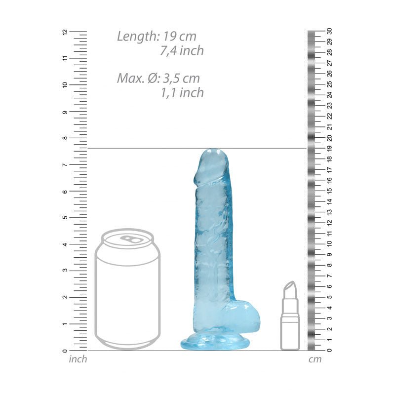 Realrock 7'' realistic dildo with balls - blue, Product front view, with sizes  | Flirtybay.com.au