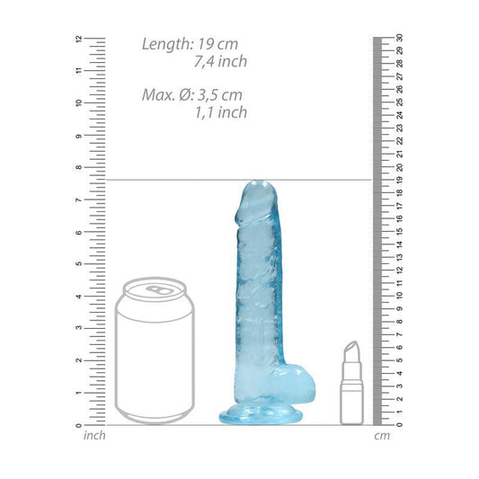 Realrock 7'' realistic dildo with balls - blue, Product front view, with sizes  | Flirtybay.com.au