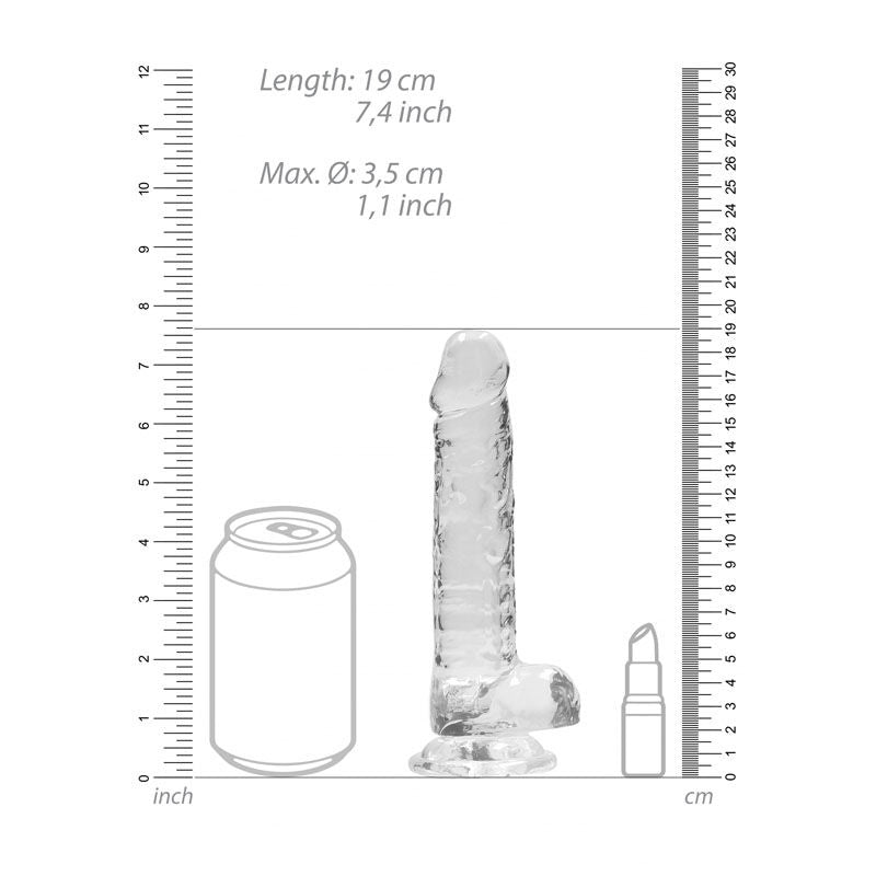 Realrock 7'' realistic dildo with balls - clear, Product front view, with sizes  | Flirtybay.com.au