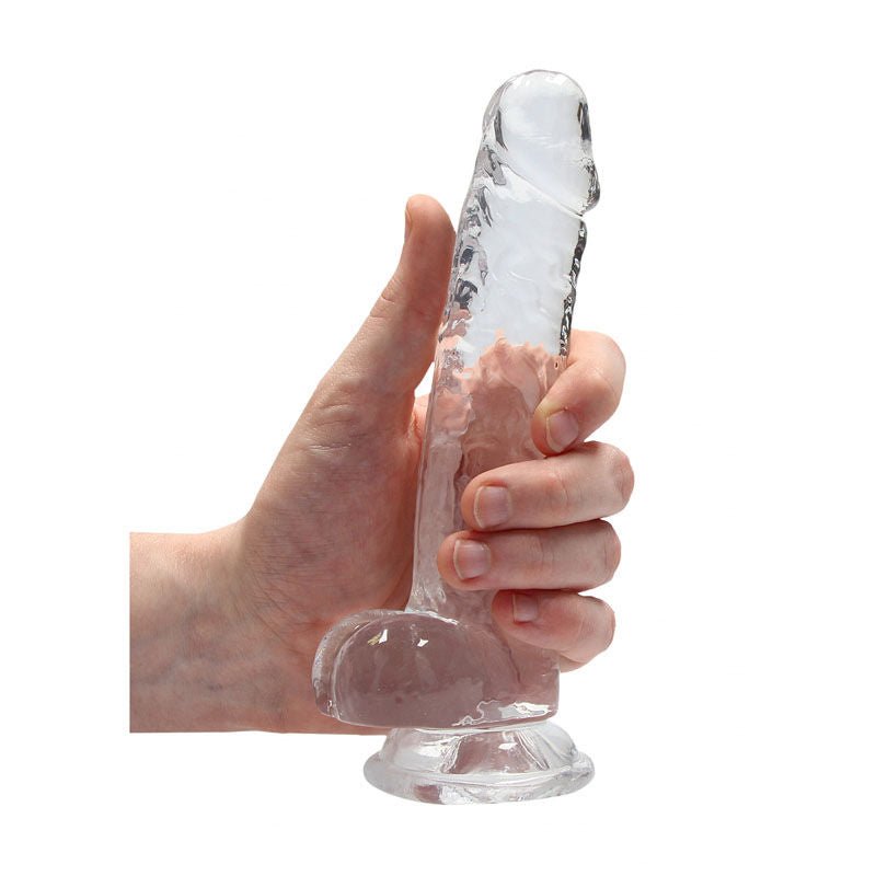 Realrock 7'' realistic dildo with balls - clear, Product side view  | Flirtybay.com.au