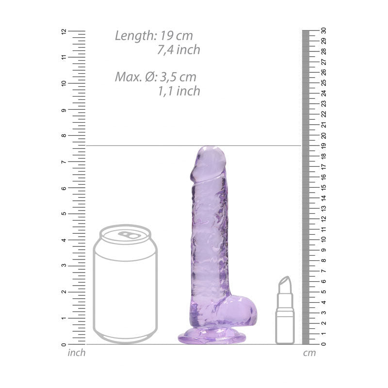 Realrock 7'' realistic dildo with balls - purple, Product front view, with sizes  | Flirtybay.com.au