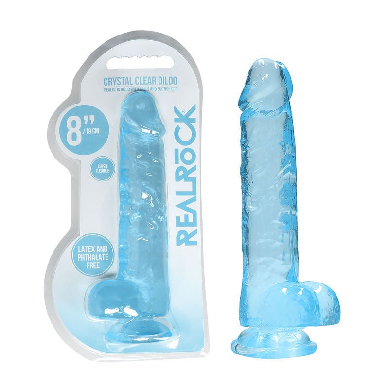 Realrock - 8'' realistic dildo with balls - blue, Product front view and box front view | Flirtybay.com.au