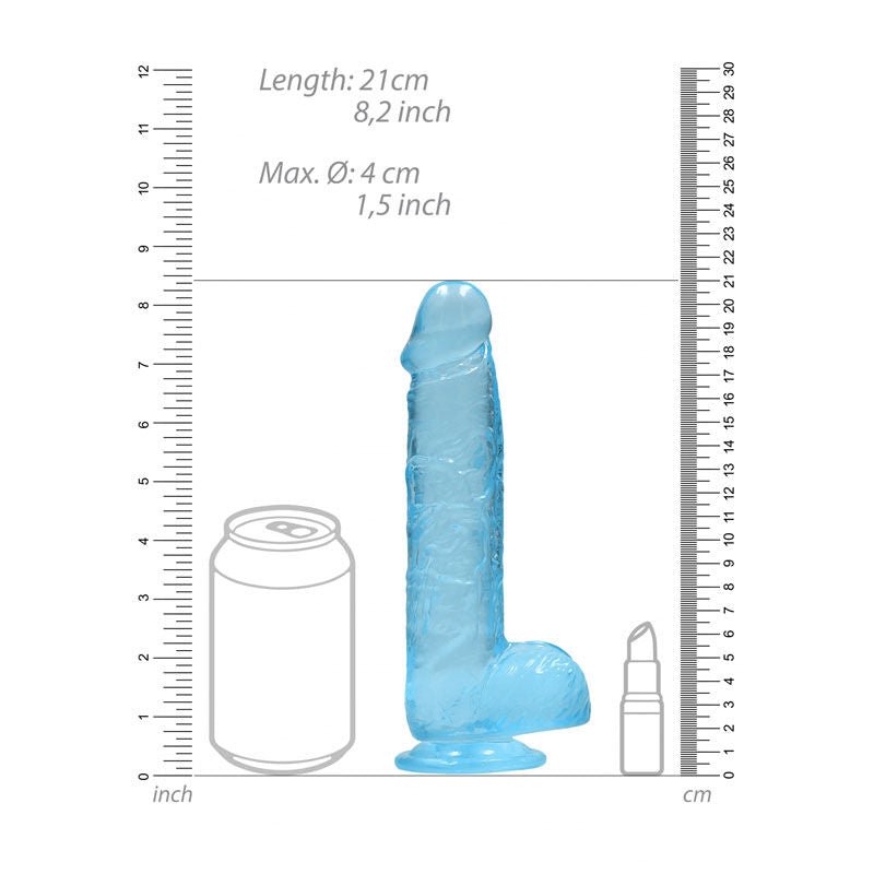 Realrock - 8'' realistic dildo with balls - blue, Product front view, with sizes  | Flirtybay.com.au