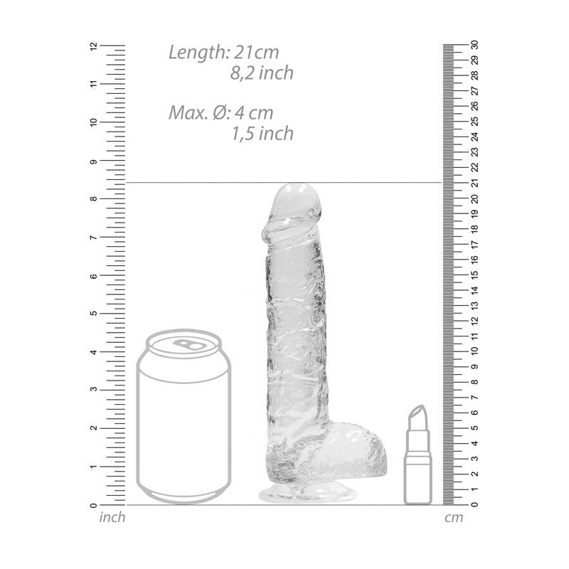 Realrock - 8'' realistic dildo with balls - clear, Product front view, with sizes  | Flirtybay.com.au