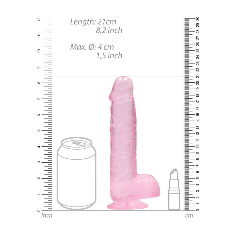 Realrock - 8'' realistic dildo with balls - pink, Product front view, with sizes  | Flirtybay.com.au