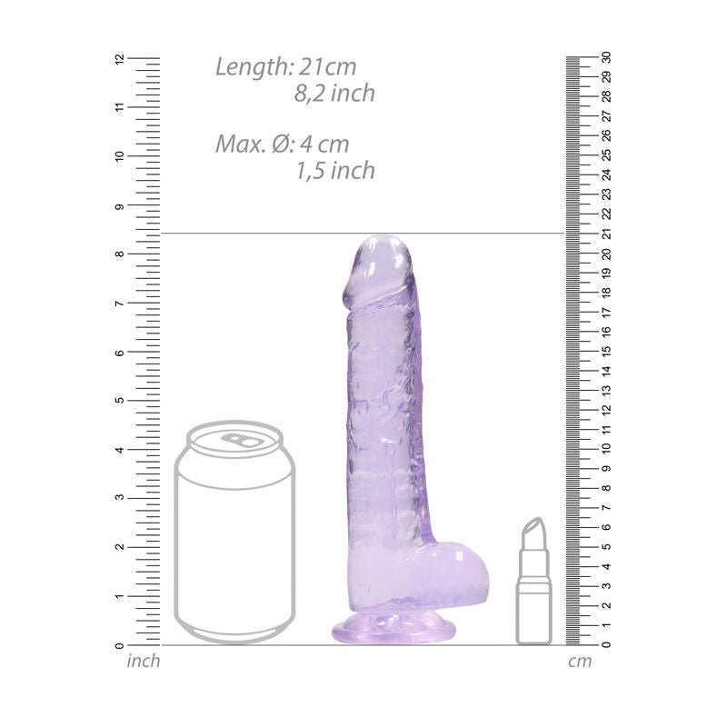 Realrock - 8'' realistic dildo with balls - purple, Product front view, with sizes  | Flirtybay.com.au
