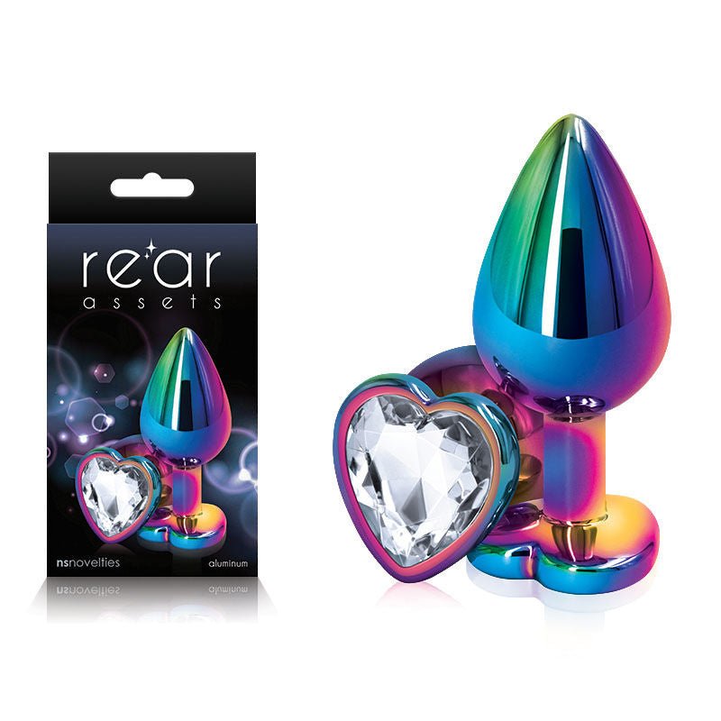 Rear assets - multi heart - butt plug - crystal-M, Product front view and box front view | Flirtybay.com.au