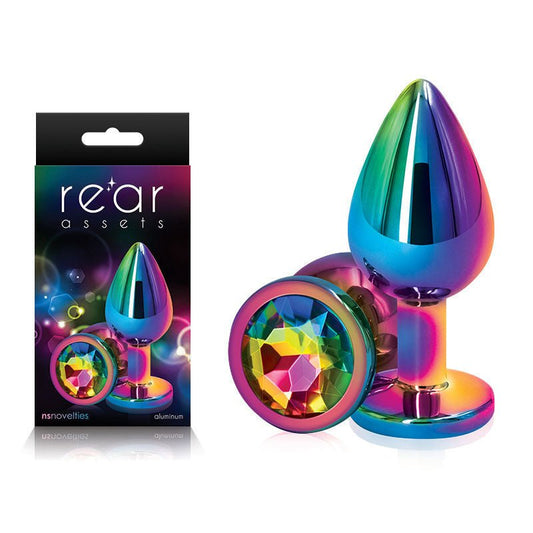 Rear assets - multi - rainbow butt plug - m, Product front view and box front view | Flirtybay.com.au