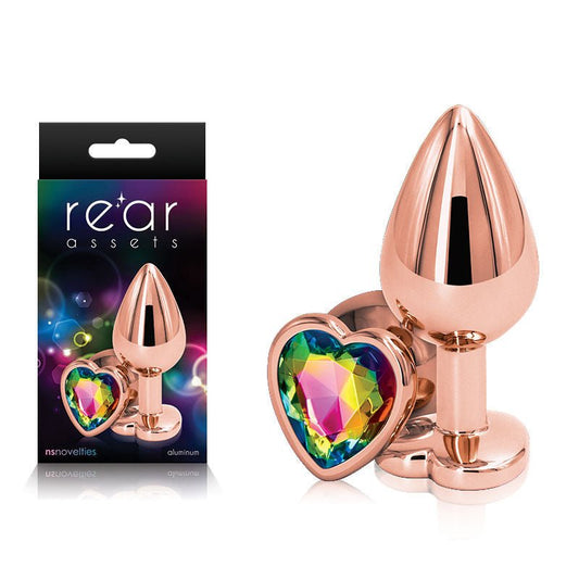 Rear assets rose - gold heart - rainbow butt plug - M, Product front view and box front view | Flirtybay.com.au