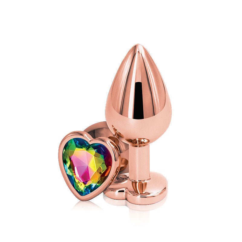 Rear assets rose - gold heart - rainbow butt plug - M, Product front view  | Flirtybay.com.au