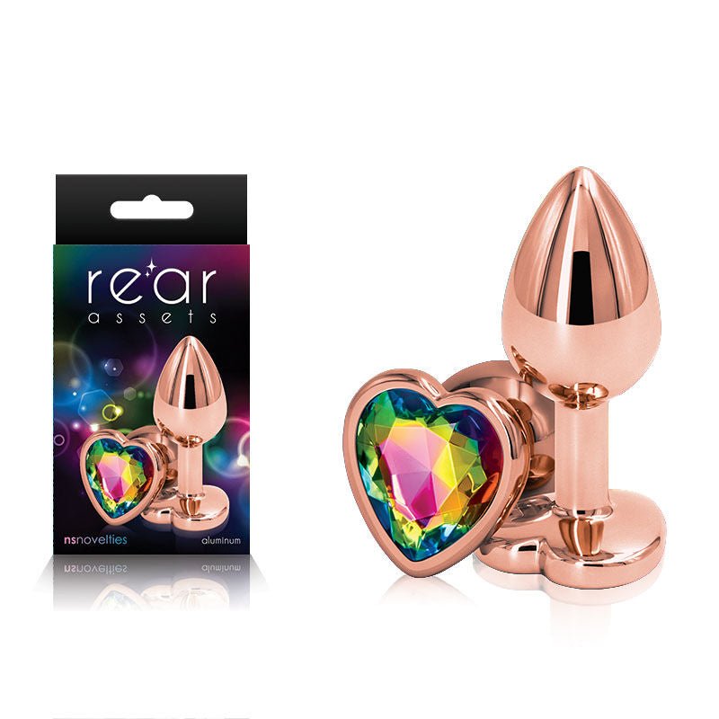 Rear assets rose - gold heart - rainbow butt plug - S, Product front view and box front view | Flirtybay.com.au