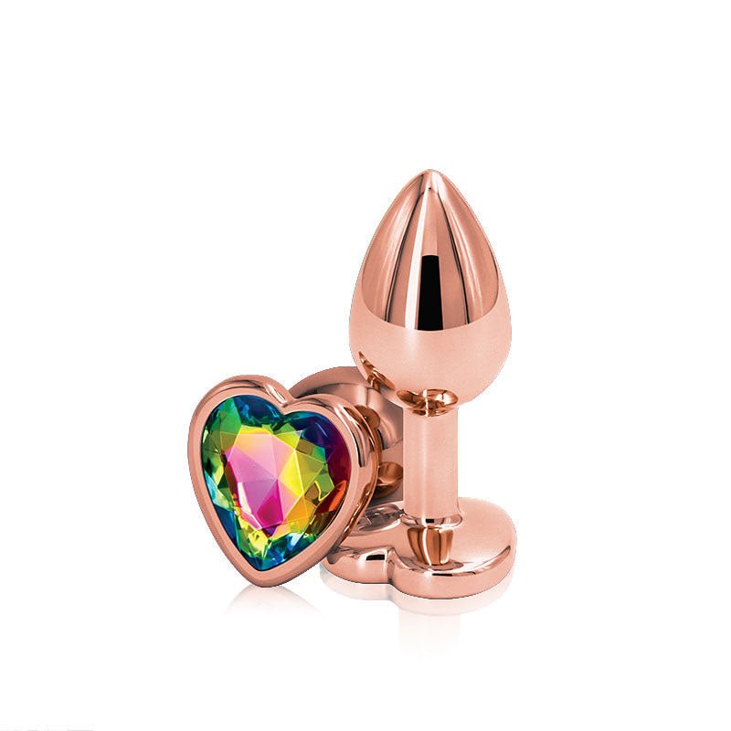 Rear assets rose - gold heart - rainbow butt plug - S, Product front view  | Flirtybay.com.au