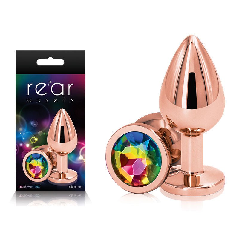 Rear assets - rose gold - rainbow butt plug - M, Product front view and box front view | Flirtybay.com.au