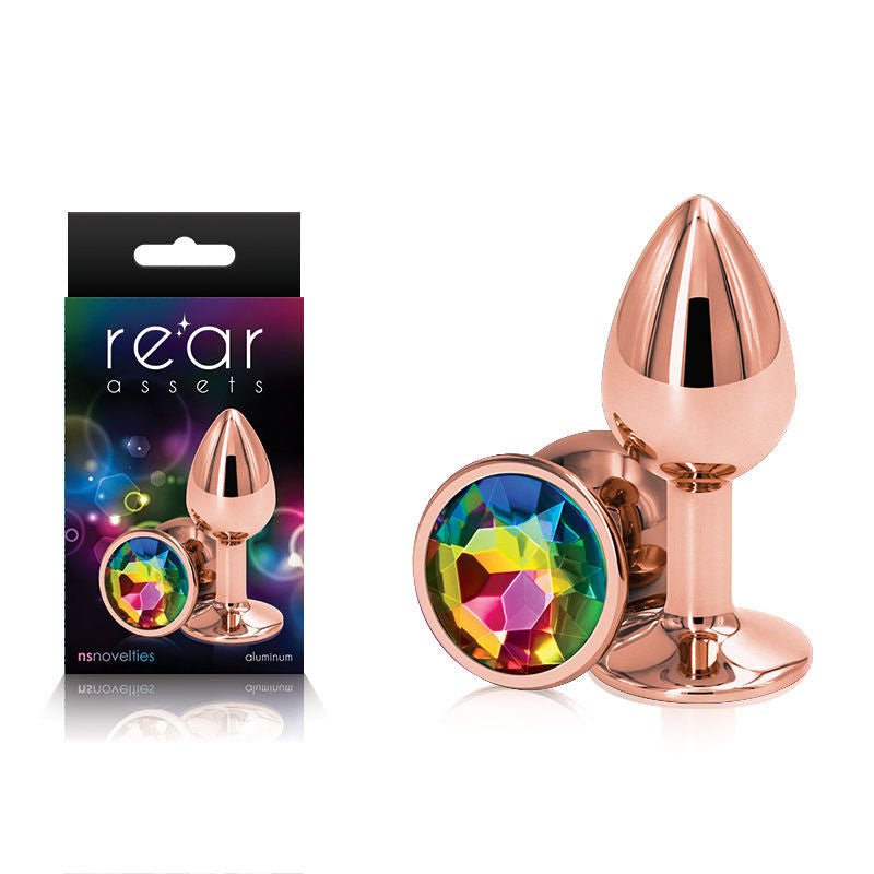 Rear assets - rose gold - rainbow butt plug - S, Product front view and box front view | Flirtybay.com.au