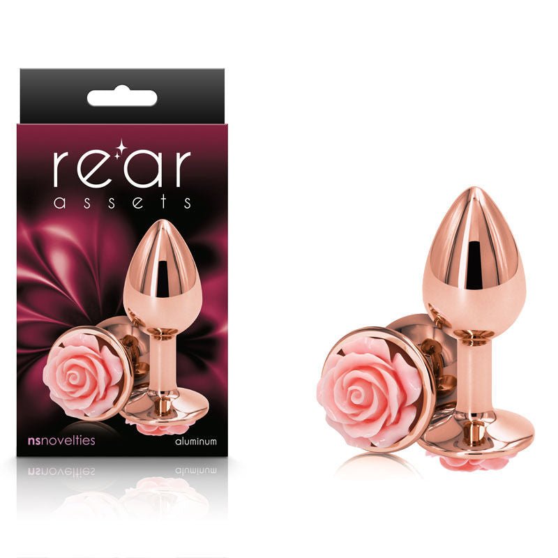 Rear assets rose - pink butt plug -  s, Product front view and box front view | Flirtybay.com.au