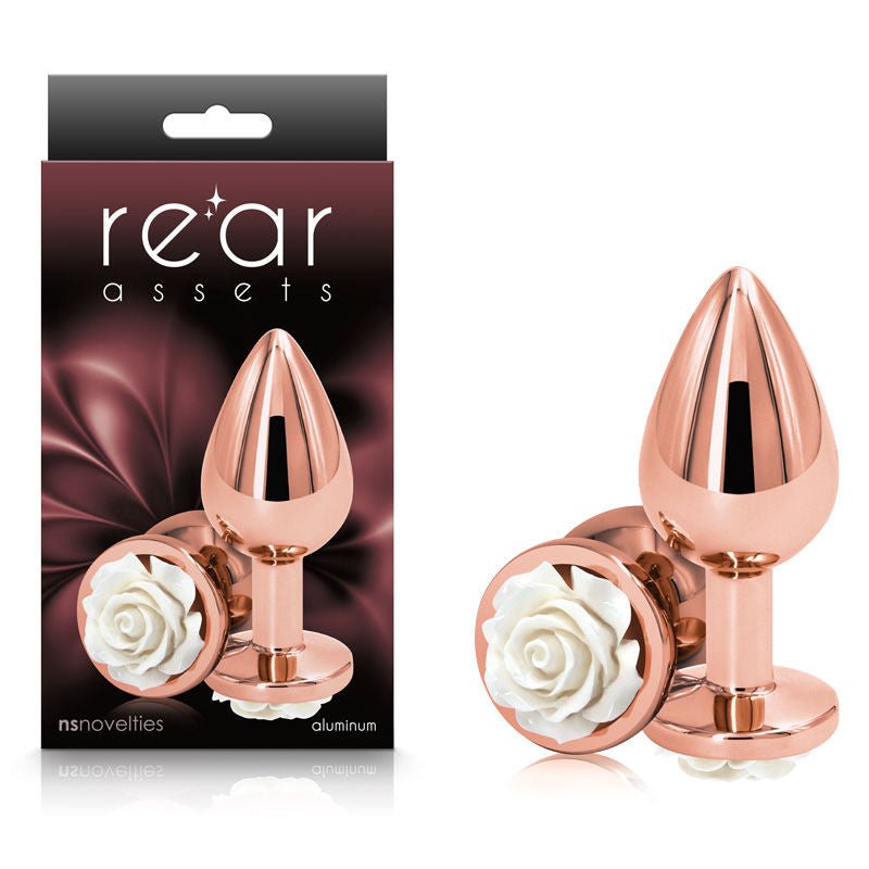 Rear assets rose - white butt plug - Product front view and box front view | Flirtybay.com.au