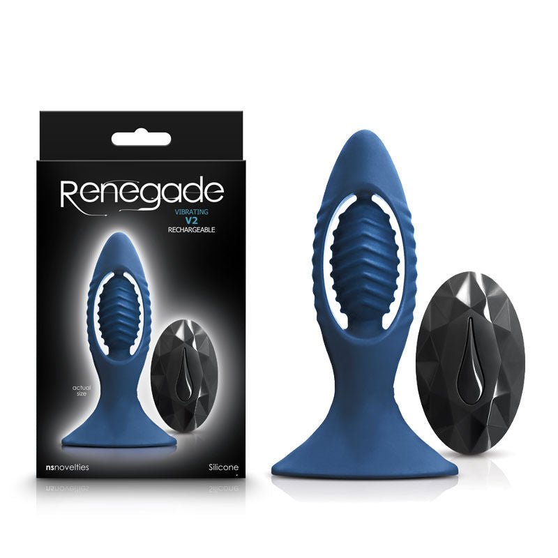 Renegade - v2 vibrating butt plug - blue, Product front view and box front view | Flirtybay.com.au
