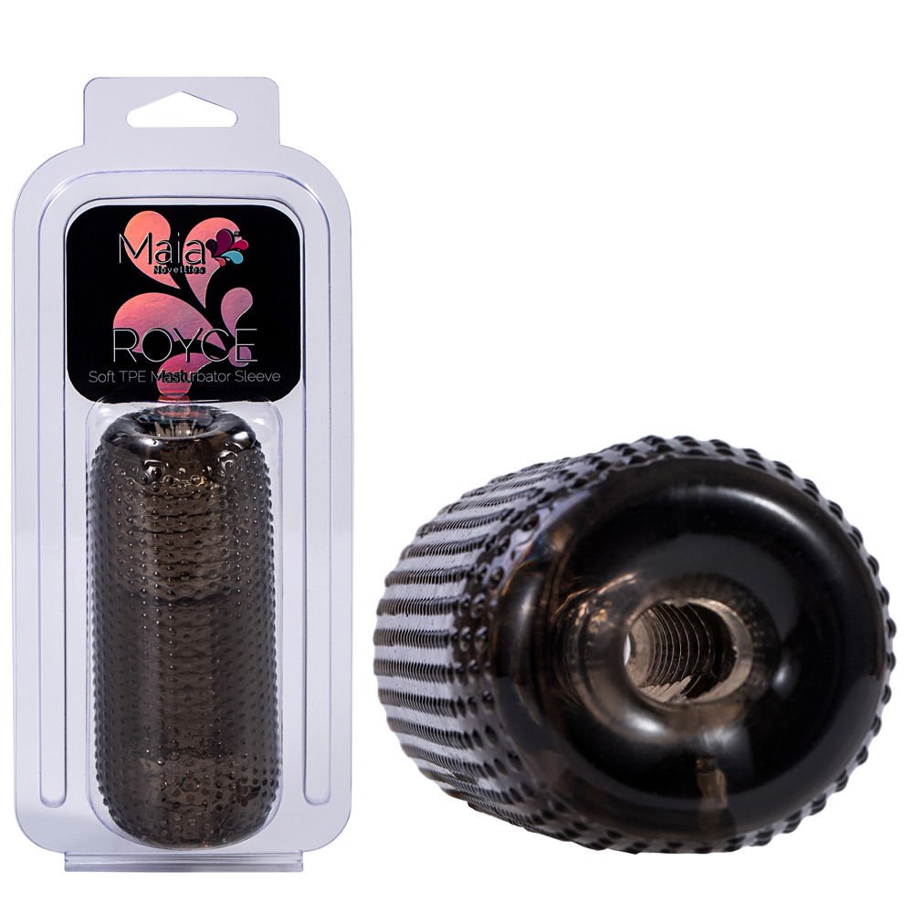 Side view of the Maia ROYCE male masturbator with packaging, on a clean white background | Flirty Bay adult store Perth