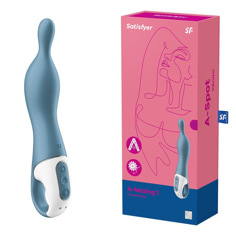 Satisfyer - a-mazing 1- a-spot stimulator - blue, Product side view and box side view | Flirtybay.com.au