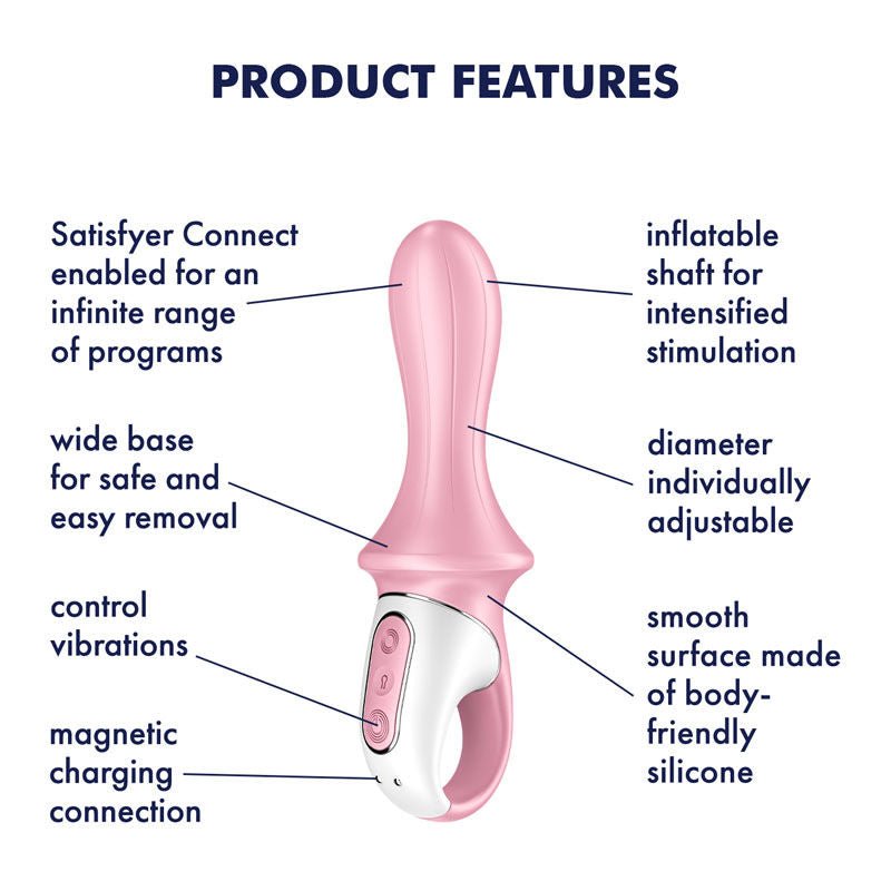Satisfyer - air pump booty 5 - app controlled inflatable vibrator - pink, Product front view, with specifications  | Flirtybay.com.au