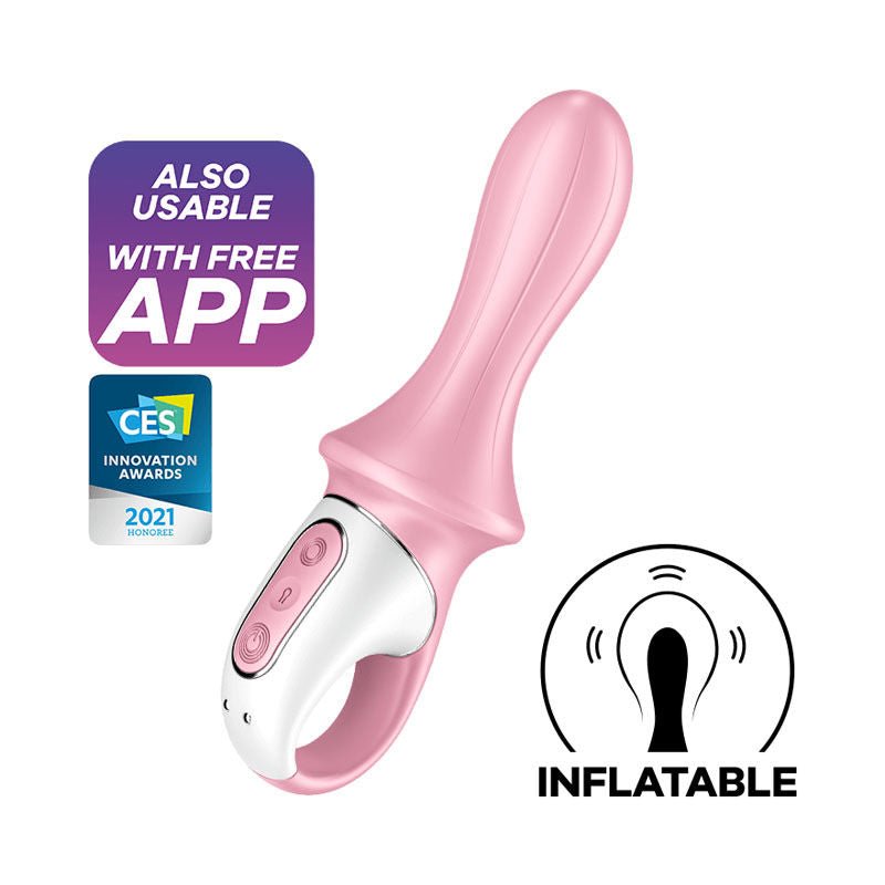 Satisfyer - air pump booty 5 - app controlled inflatable vibrator - pink, Product side view, with specifications  | Flirtybay.com.au