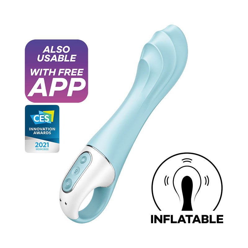 Satisfyer - air pump vibrator 5 - app controlled inflatable g-spot vibrator - Product side view, with specifications  | Flirtybay.com.au