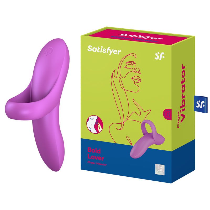Satisfyer bold lover - finger vibrator - purple, Product side view and box side view | Flirtybay.com.au