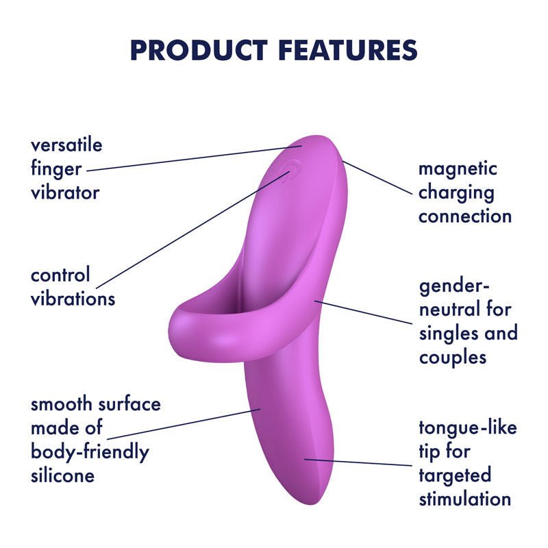 Satisfyer bold lover - finger vibrator - purple, Product side view, with specifications  | Flirtybay.com.au