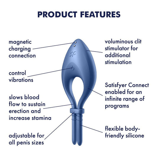 Satisfyer bullseye - cock ring - Blue, Product side view, with specifications  | Flirtybay.com.au