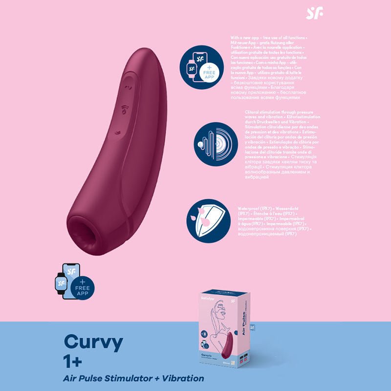 Satisfyer - curvy 1+ app controlled clitoral suction stimulator - red, Product side view, with specifications  | Flirtybay.com.au