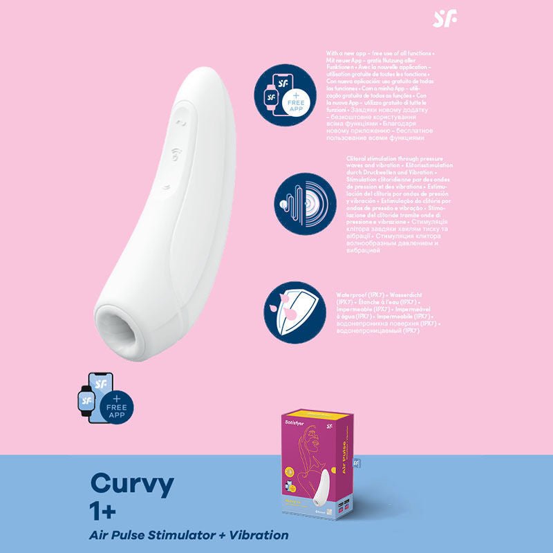 Satisfyer - curvy 1+ app controlled clitoral suction stimulator - white, Product side view, with specifications  | Flirtybay.com.au