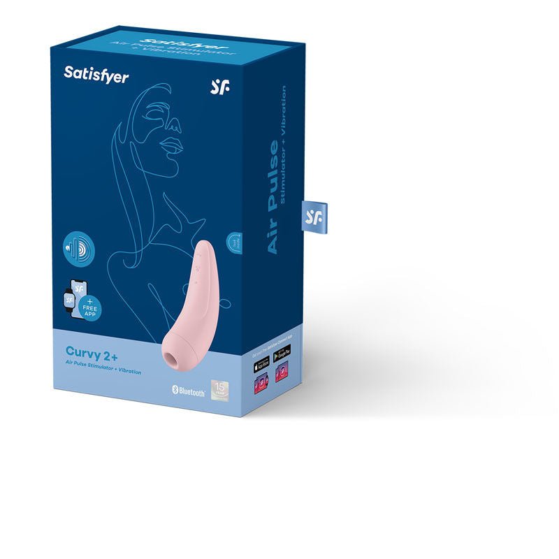 Satisfyer curvy 2+ app controlled clitoral suction stimulator -  Pink, box side view | Flirtybay.com.au