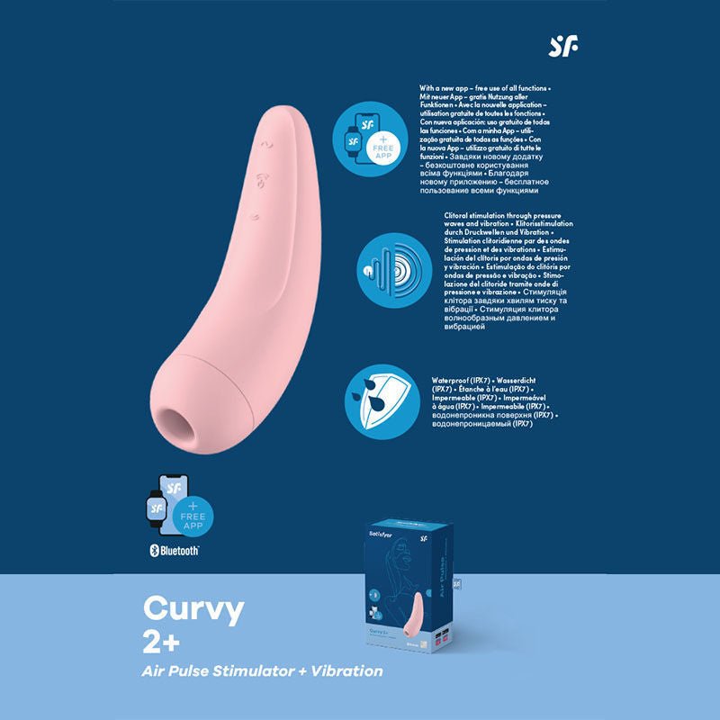 Satisfyer curvy 2+ app controlled clitoral suction stimulator - Pink, Product side view, with specifications  | Flirtybay.com.au