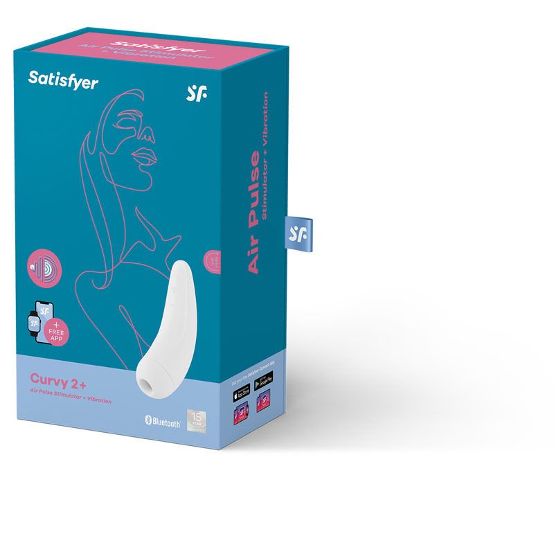 Satisfyer curvy 2+ app controlled clitoral suction stimulator -  white, box side view | Flirtybay.com.au