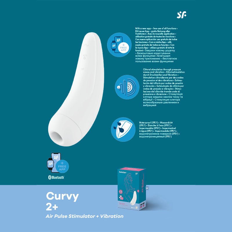 Satisfyer curvy 2+ app controlled clitoral suction stimulator - white, Product side view, with specifications  | Flirtybay.com.au