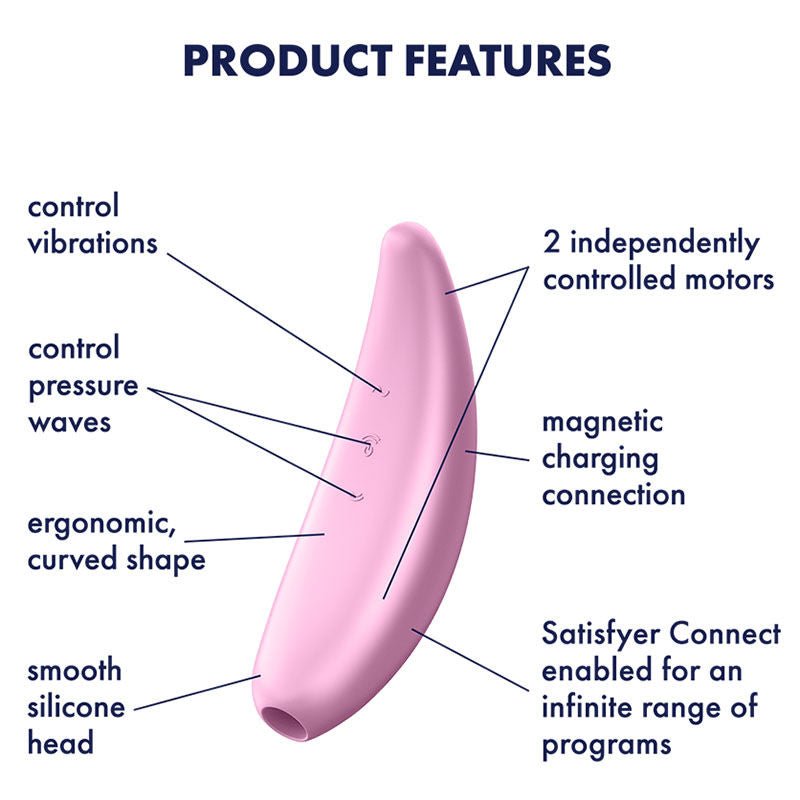 Satisfyer - curvy 3 app controlled clitoral suction stimulator - Pink, Product front view, with specifications  | Flirtybay.com.au