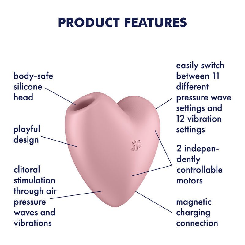 Satisfyer - cutie heart - clitoral suction stimulator - Pink, Product side view, with specifications  | Flirtybay.com.au