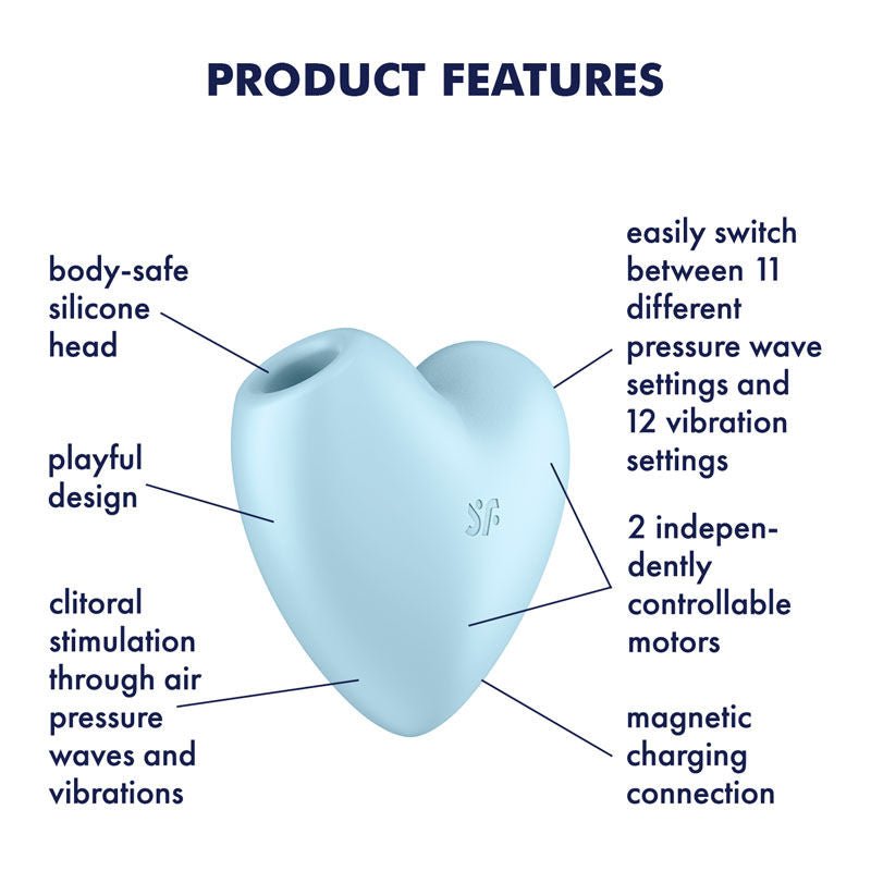 Satisfyer - cutie heart - clitoral suction stimulator - blue, Product side view, with specifications  | Flirtybay.com.au