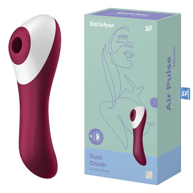 Satisfyer - dual crush - ciltoral suction stimulator - Product side view and box side view | Flirtybay.com.au