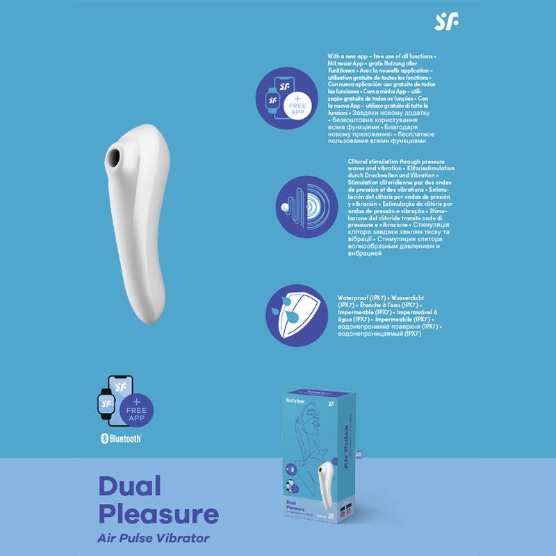 Satisfyer - dual pleasure - clitoral suction stimulator - white, Product side view, with specifications  | Flirtybay.com.au