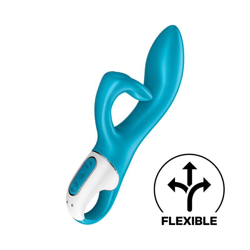 Satisfyer - embrace me - rabbit vibrator - blue, Product side view, show flexibility  | Flirtybay.com.au