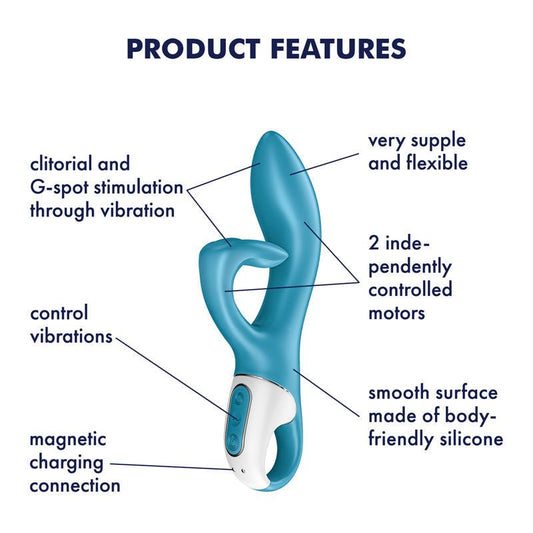 Satisfyer - embrace me - rabbit vibrator - blue, Product side view, with specifications  | Flirtybay.com.au